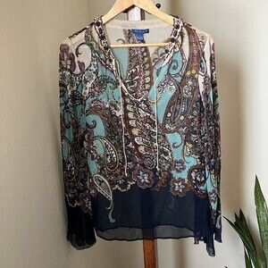 Tori Richard Womens Long Sleeve Top Blouse Shirt Beaded Silk Sheer Lightweight 4